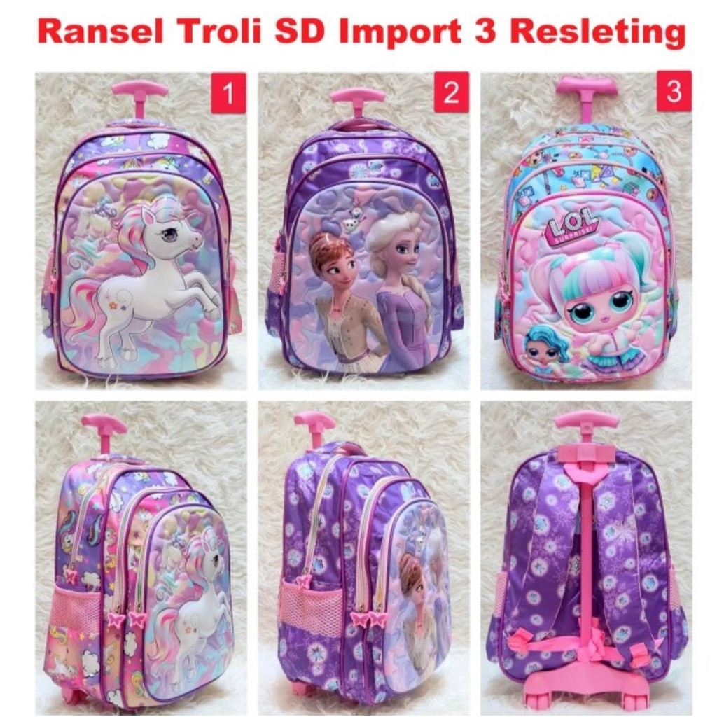 Tas Troli dorong Sekolah Anak SD cewek Koper Premium trolley bag LOL Unicorn Frozen 2 Elsa Anna besa