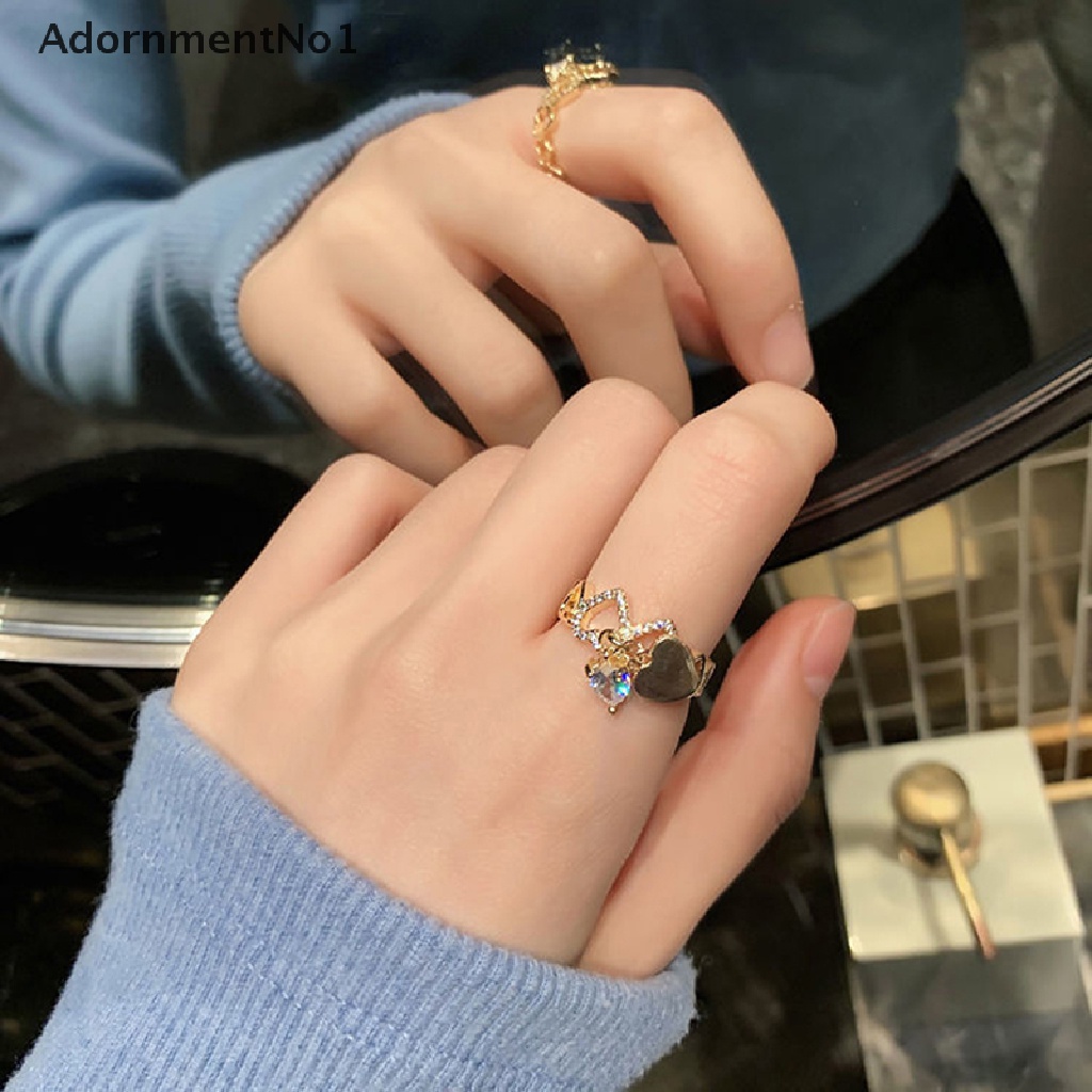 (AdornmentNo1) Cincin Terbuka Adjustable Motif Hati Aksen Zircon Warna Gold Untuk Perhiasan Wanita / Pernikahan