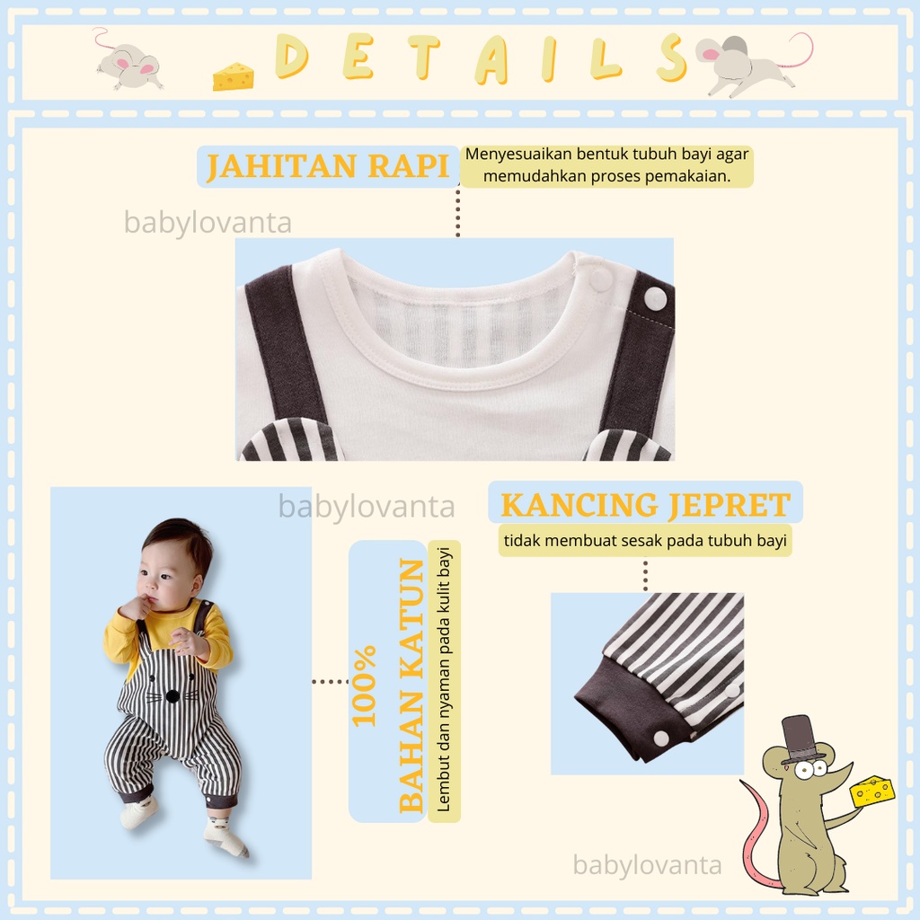 Baju bayi import jumper bayi newborn motif Tikus lucu bahan katun anti gerah jumpsuit bayi