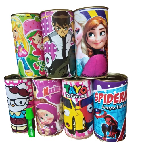 Celengan Target Karakter Murah / Celengan Target Viral Random Motif / Celengan Kaleng / Tabungan Ana