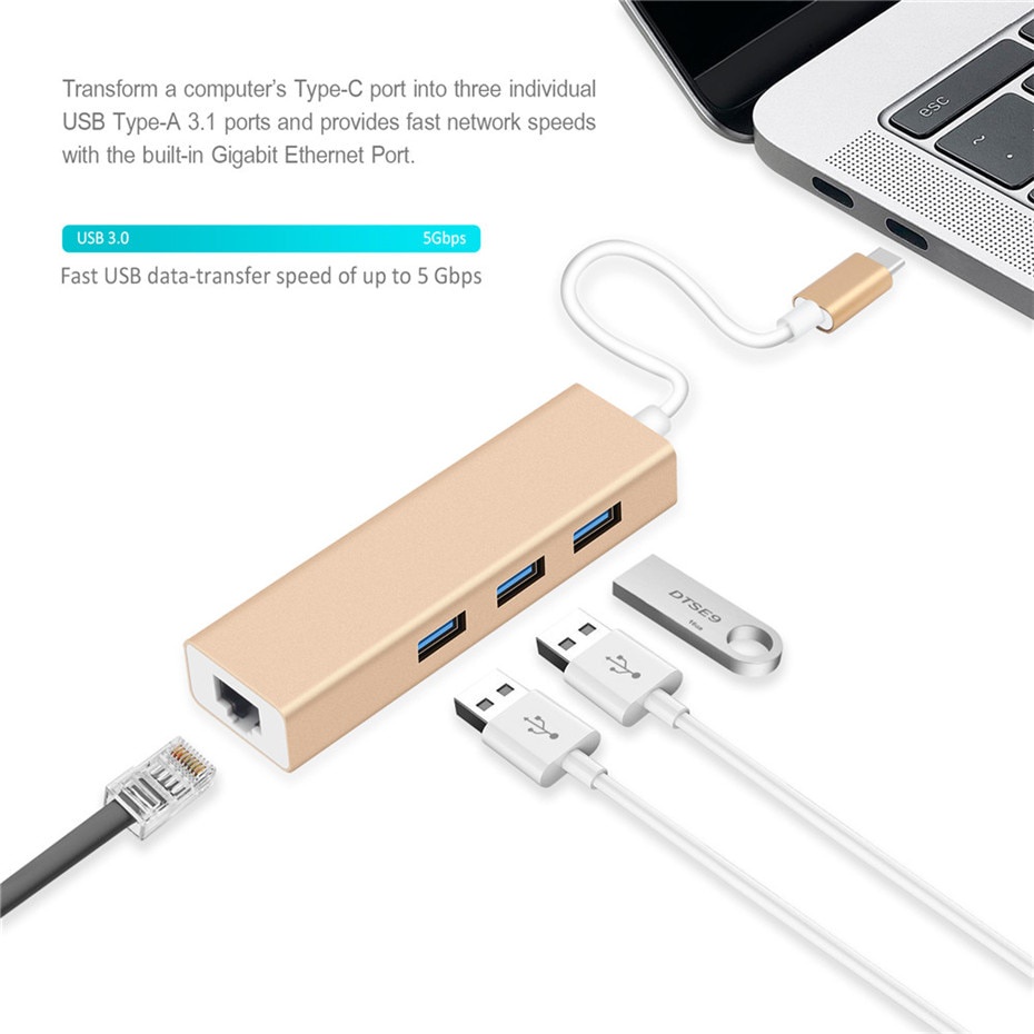 USB Type C Gigabit Lan Adapter RJ45 with 3 Port USB Hub 3.0 - TCH-3S - Silver