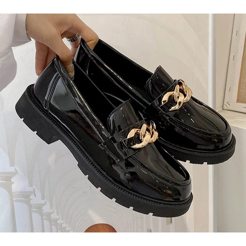 Sepatu Wanita Docmart Loafers / Sepatu Rantai Gold JESSY 09