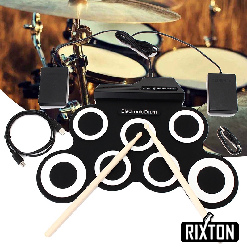 Rixton Drum Elektronik Portabel Digital USB 7 Bantalan Roll up Drum Set Silicone Electric Drum Pad Kit