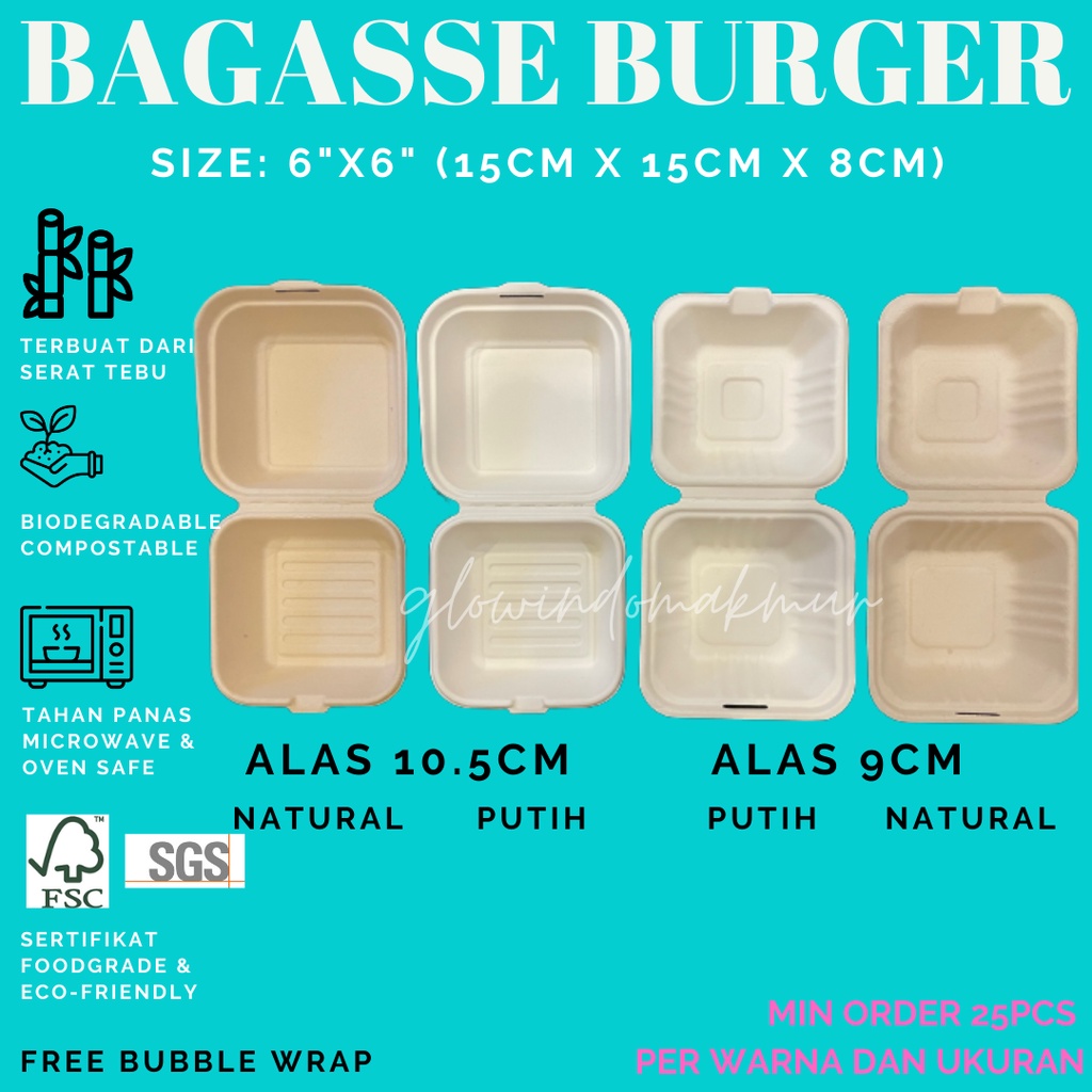 Bagasse Box Bento Cake Burger 15cm x 15cm 6inch 6&quot; Lunchbox Small Sugarcane Serat Tebu ECO FRIENDLY