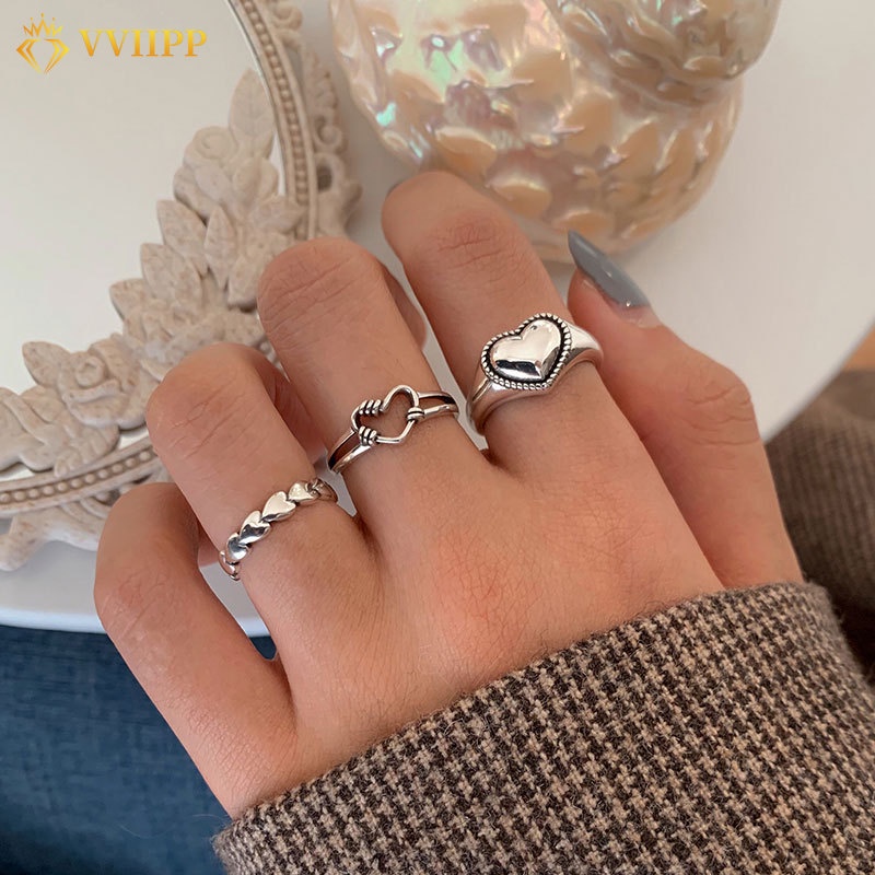 3pcs / Set Cincin Model Hollow Out Bentuk Hati Warna Silver Untuk Wanita