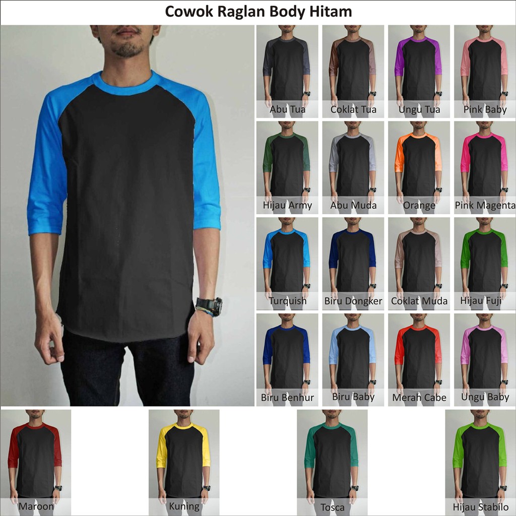 XL-XXL Tshirt Kaos Raglan Pria Cowok Body Hitam Combed Jumbo Murah Grosir