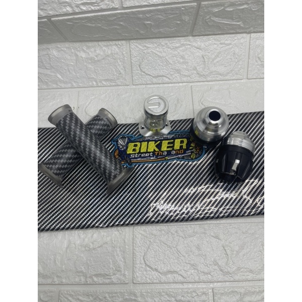 Kulit Jok Karbon Biker+Jalu As Roda Depan+Handgrip Karbon+Stempel l Kaca Baut Sejajar Yamaha Silver