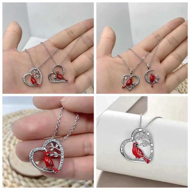 Kalung Dengan Liontin Bentuk Hati Dan Burung Warna Merah Untuk Wanita