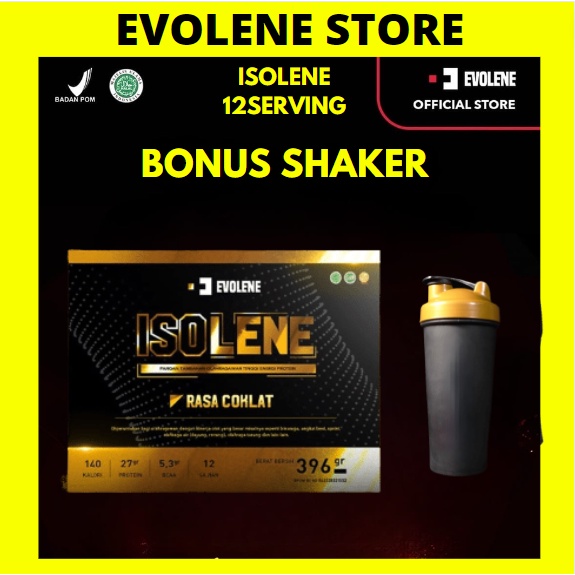 ISOLENE 1 BOX 12 SACHET WHEY ISOLATE BPOM HALAL SUSU PROTEIN FITNESS GYM EVOLENE ISOLEN ISOLIN COKLAT STRAWBERRY VANILA VANILLA BONUS SHAKER  EVOLEN EVOLINE EVOLIN