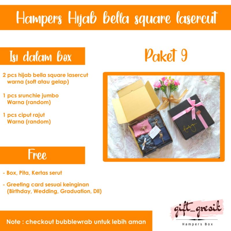 

Hampers hijab/Gift box hijab/Paket 9/Hijab bella square lasercut/Kado ulang tahun/Wisuda/Nikahan