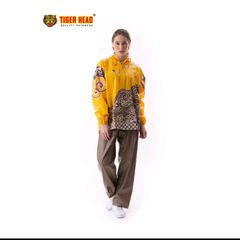 Jas Hujan Wanita Pria Dewasa Jaket Celana Stelan Motif Batik Indonesia Merk Tiger Head ( Baju + Celana )