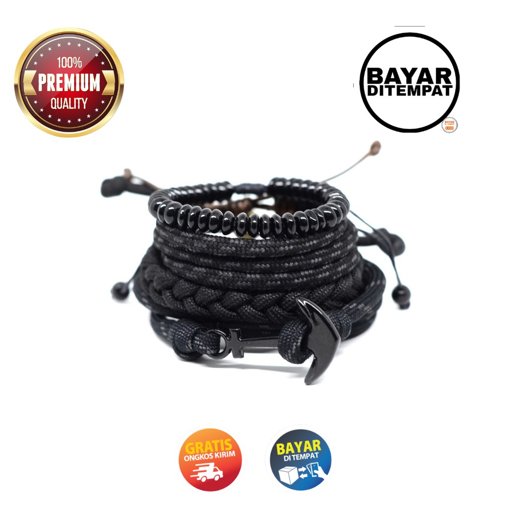 Gelang Pria Tali Prusik Jangkar Satu Paket Warna Hitam FL005 Adjustable Bracelet