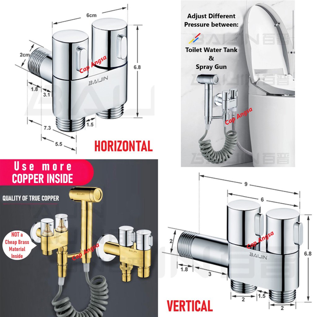 DOUBLE ANGLE VALVE STOP KRAN CABANG 2 OUTLET 2 SWITCH KERAN BIDET FAUCET ENGKOL KLOSET CEBOK COPPER