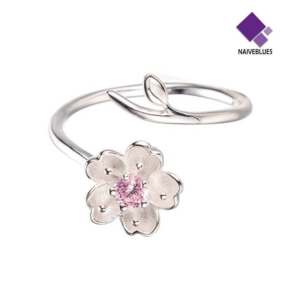 Cincin Wanita Model Terbuka Bahan 925 Sterling Silver Plated Desain Cherry Sakura Untuk Hadiah Ulang Tahun