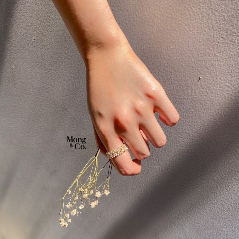 Mong&Co Elska Adjustable Open Ring - Cincin Wanita Faux Pearl Gold Stacking Ring Fashion
