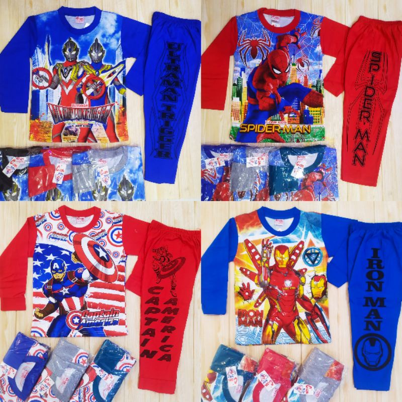 #Promo#SETELAN PREMIUM SPIDERMAN ULTRAMAN  CAPTAIN AMERICA IRONMAN FULL PRINT 2-10 THN BAJU TIDUR ANAK LAKI-LAKI PANJANG