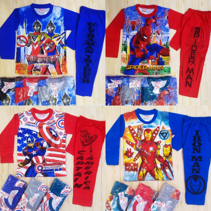 SETELAN PREMIUM SPIDERMAN ULTRAMAN  CAPTAIN AMERICA IRONMAN FULL PRINT 2-10 THN BAJU TIDUR ANAK LAKI-LAKI PANJANG