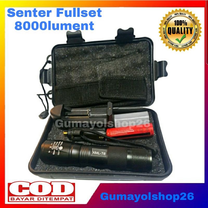 Senter Led Fulset 8000lumens XM-L2/T6 Super Terang Jarak jauh // Paket senter Komplit