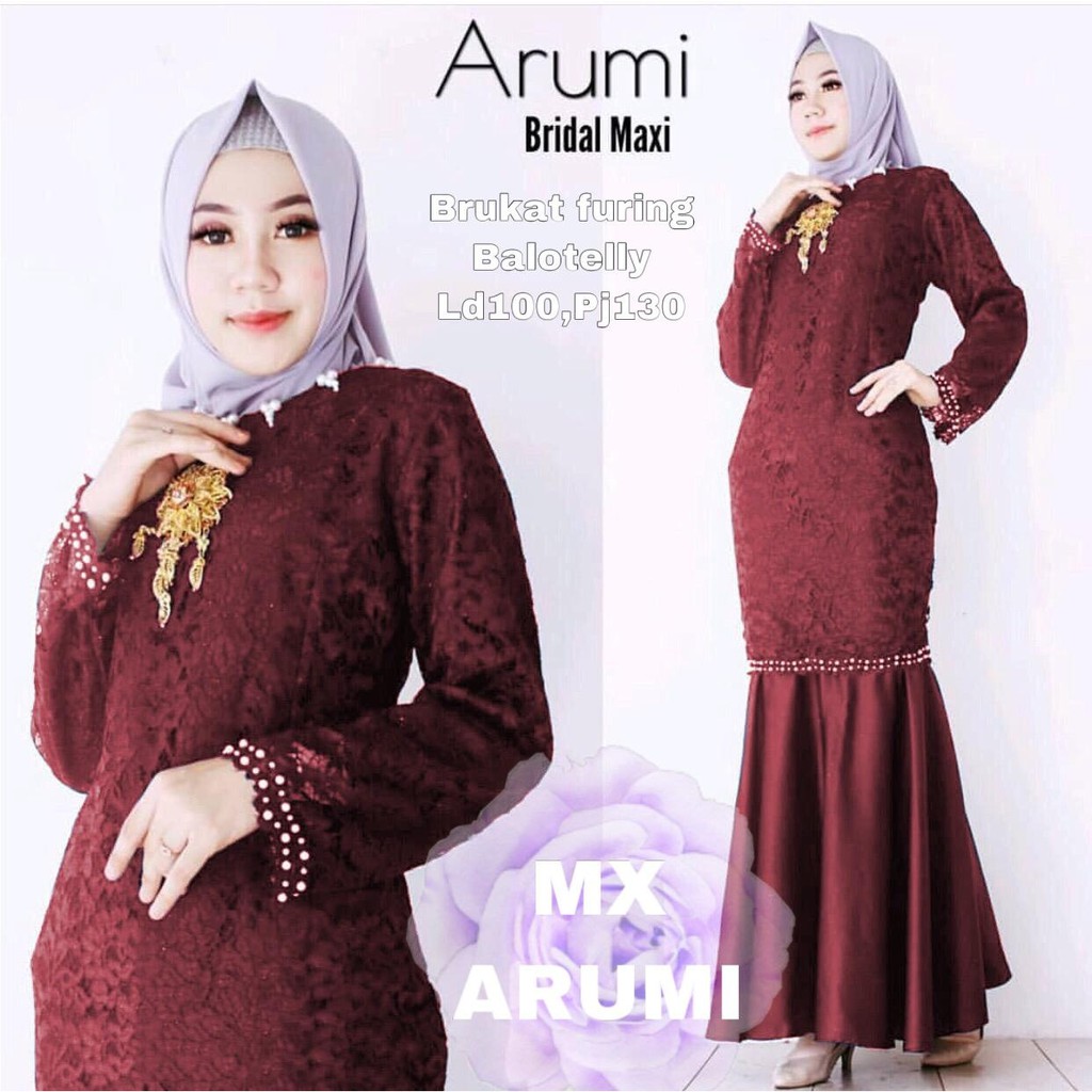 MAXI ARUMI  / MAXI DRESS BRUKAT APLIKASI MUTIARA / PAKAIAN PESTA WANITA / DRESS LEBARAN BRUKAT MUTIARA