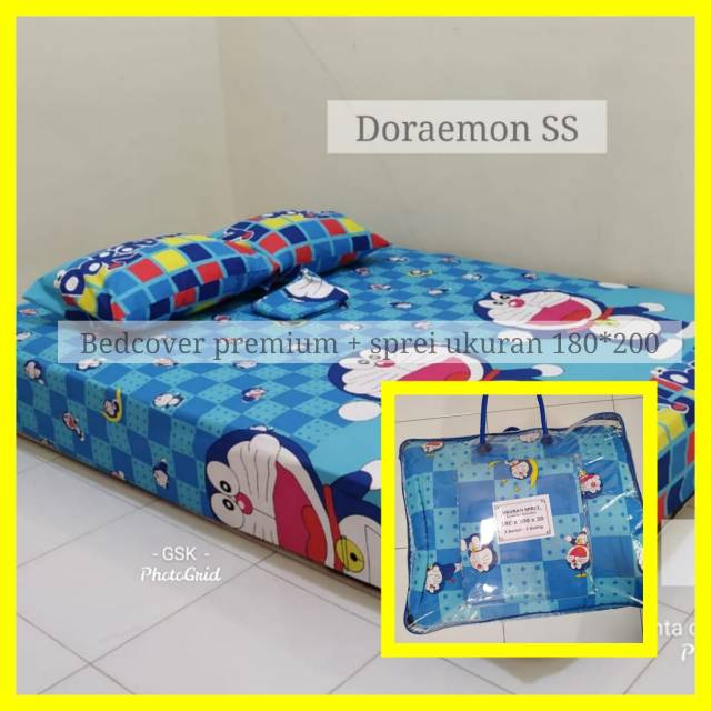 Bedcover Doraemon, bedcover set lengkap dengan sprei, bedcover homemade, bedcover lengkap
