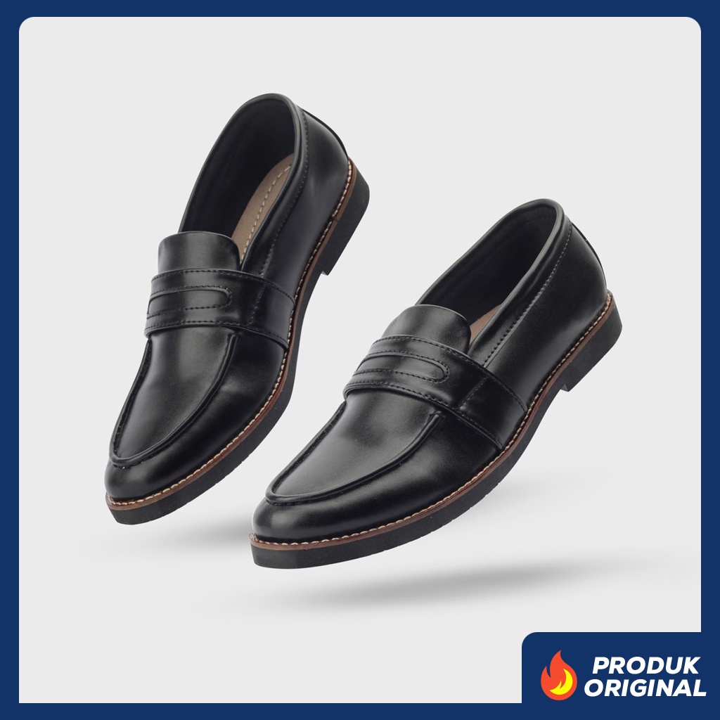 HARPER BLACK ORIGINAL x GIANT FLAMES Sepatu Loafers Hitam Pria Slip On Simple Formal Casual Kerja Kantor Slop Resmi Kantoran Pesta Kondangan Selop Jalan Santai Hangout Kuliah Penny Loafer Semi Kulit Premium Big Size Jumbo Ukuran Besar 44 45 Keren Terbaru