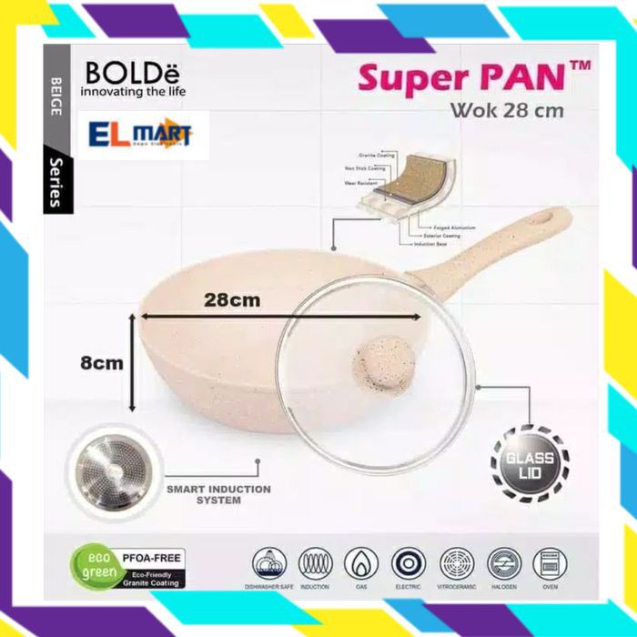 BOLDe Super pan granite + tutup kaca 28cm beige induksi glass lid