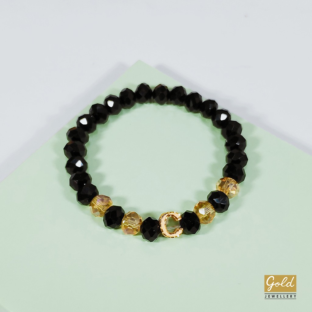 Gelang tali emas kuning kadar 700 70% charm inisial C bsr batu hitam