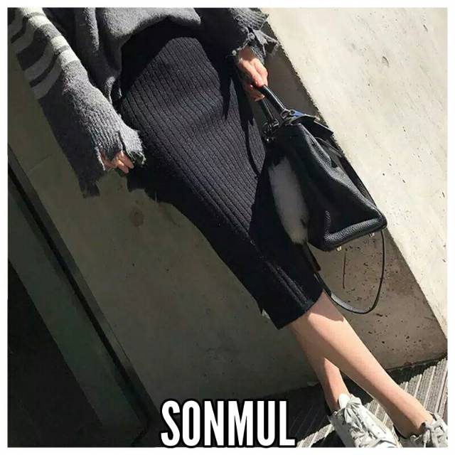 WOMAN WINTER KNITTED MIDI SLIT SKIRT IMPORT ROK WANITA RAJUT MUSIM DINGIN