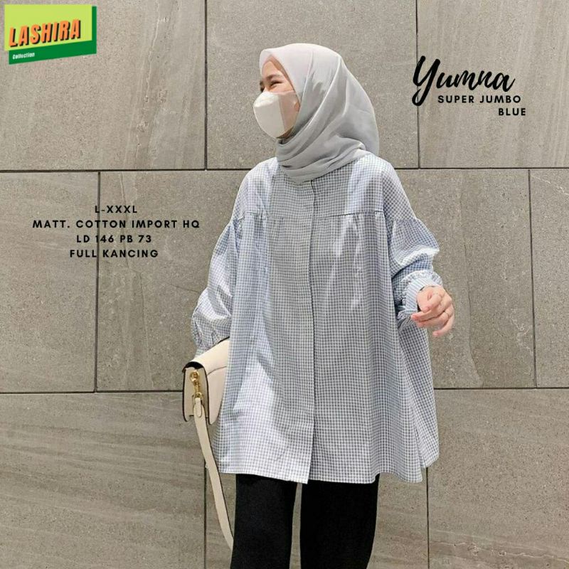 Yumna blouse katun kotak kotak import jumbo LD 140-146