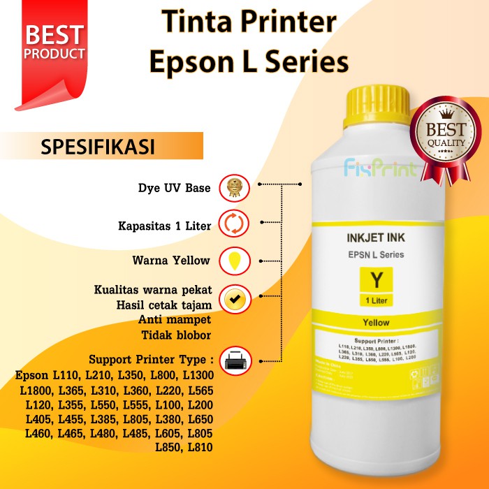 Tinta Epson L110 L210 L100 L200 Yellow 1 Liter, Tinta Refill Printer Epson L Series Murah