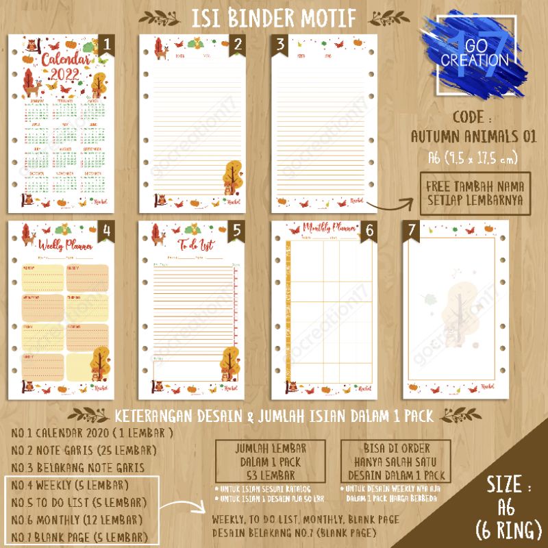 

Buku Planner isi Kertas Binder Motif Autumn Animals 01 Premium A6 ring 6