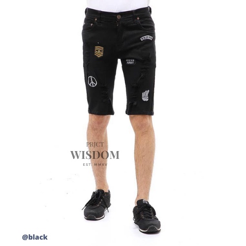 Wisdom Project Short Pants Ripped  Skinny Jeans Celana Pendek Pria Sticker Motive Material Denim Softjeans Stretch ORIGINAL - Black