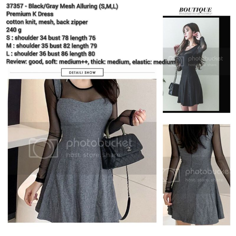 Dress pendek mini abu hitam rajut mix lengan panjang transparan