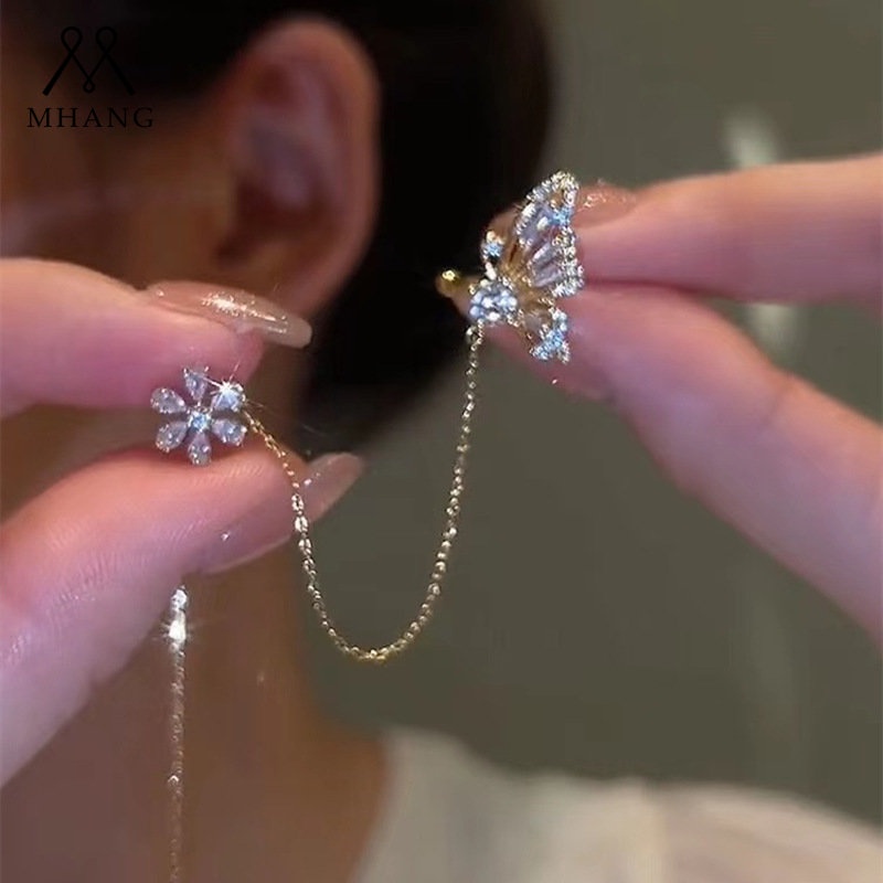 Anting Rumbai Desain Bunga Kupu-Kupu One Piece Aksen Berlian Zircon Gaya Korea Untuk Wanita