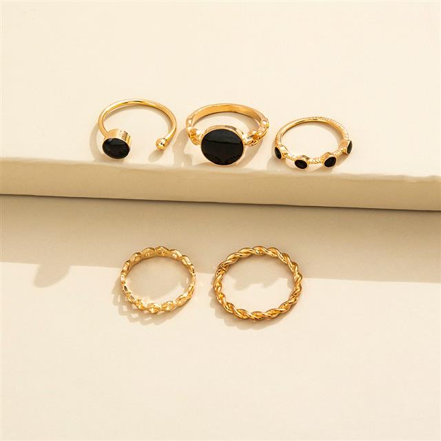 Bahasa Perancis retro geometris hitam bulat drip twist ring 5-piece set