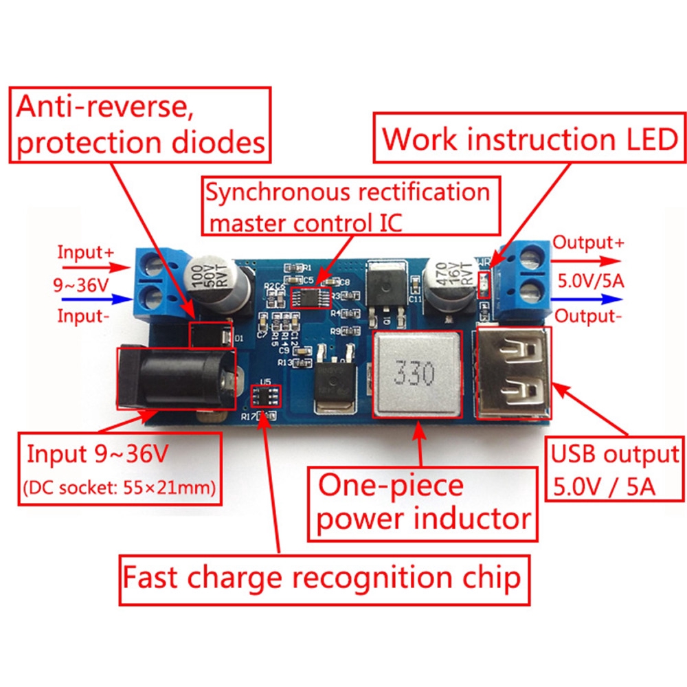 LM2596S  Step Down DC-DC 24V/12V-5V  Modul Konverter Suplai Daya Step Down DC-DC 24v/12v Ke 5v 5a