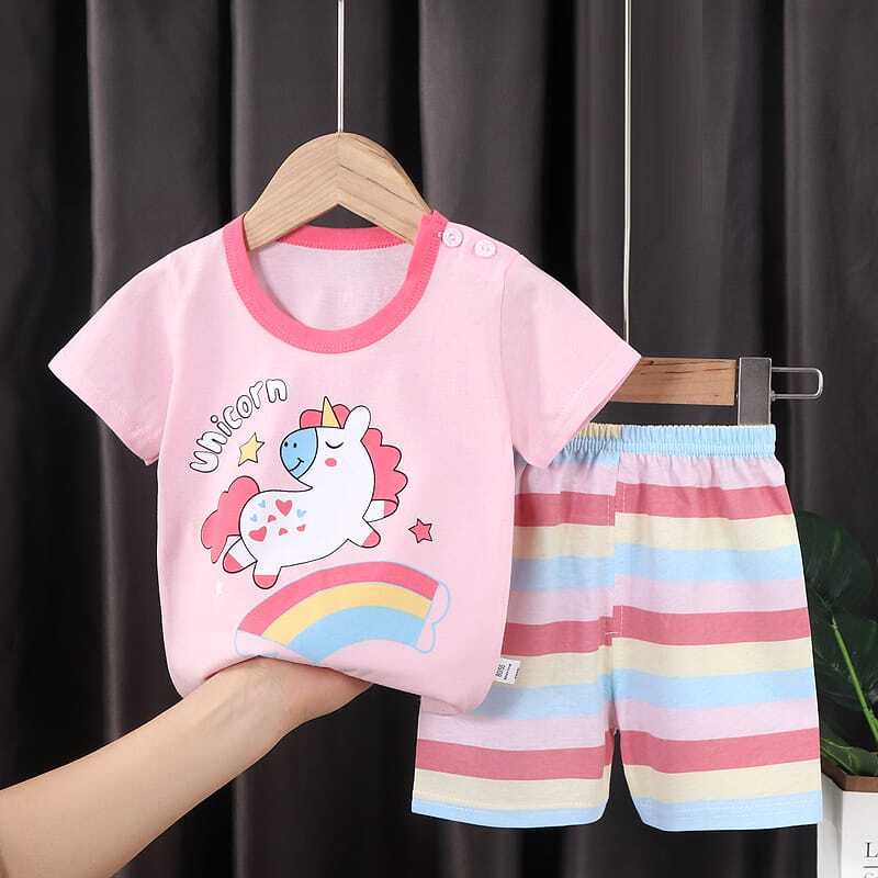 ( zwq ) PDK015-020 Baju Jumper Pendek Kaos + Celana Baju Anak Setelan Lengan Pendek, Setelan Anak 0-6 Tahun