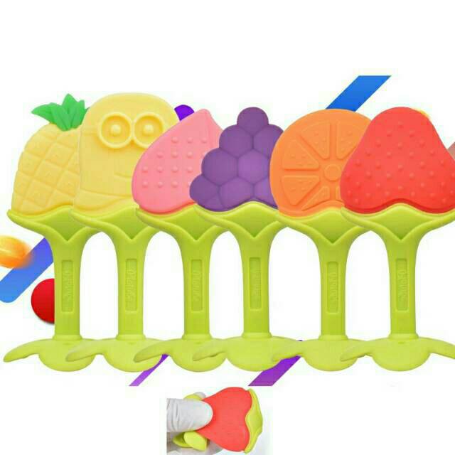 Baby teether buah Empen bayi gigitan tooth pacifier mainan rattle genggam fruit silikon silicon apel orange strawberry anggur peach