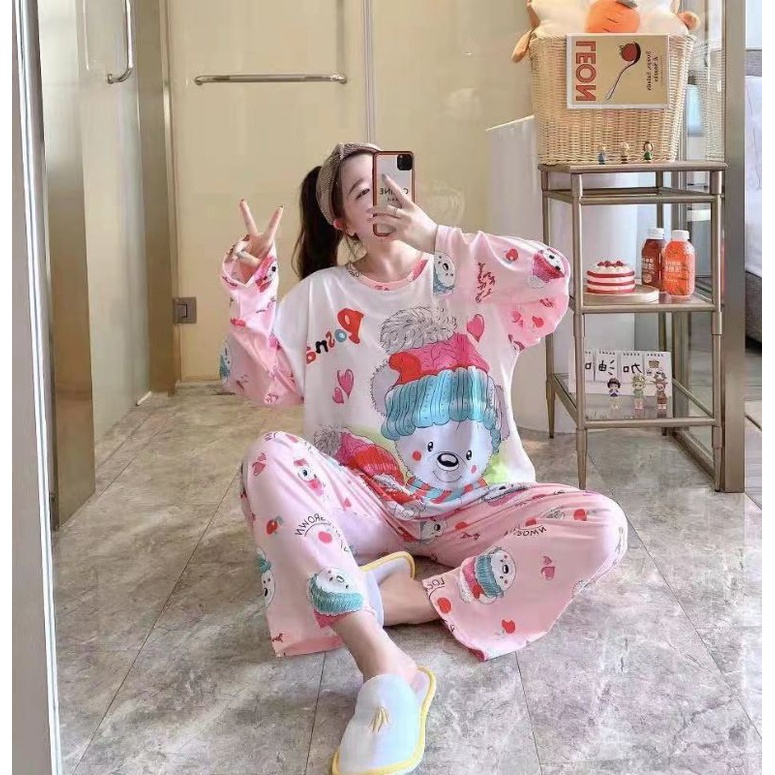 PIYAMA PP WANITA IMPORT SPANDEX|BIGSIZE|JUMBO/SET OVERSIZE/BAJU TIDUR lengan panjang-PP.BZ WINTER BEAR