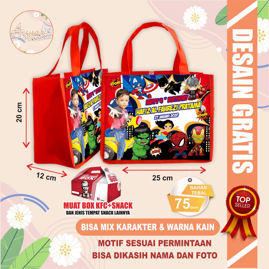 

tas ultah terlaris / tas ulang tahun anak / tas ultah / souvenir tas superhero avengers dll
