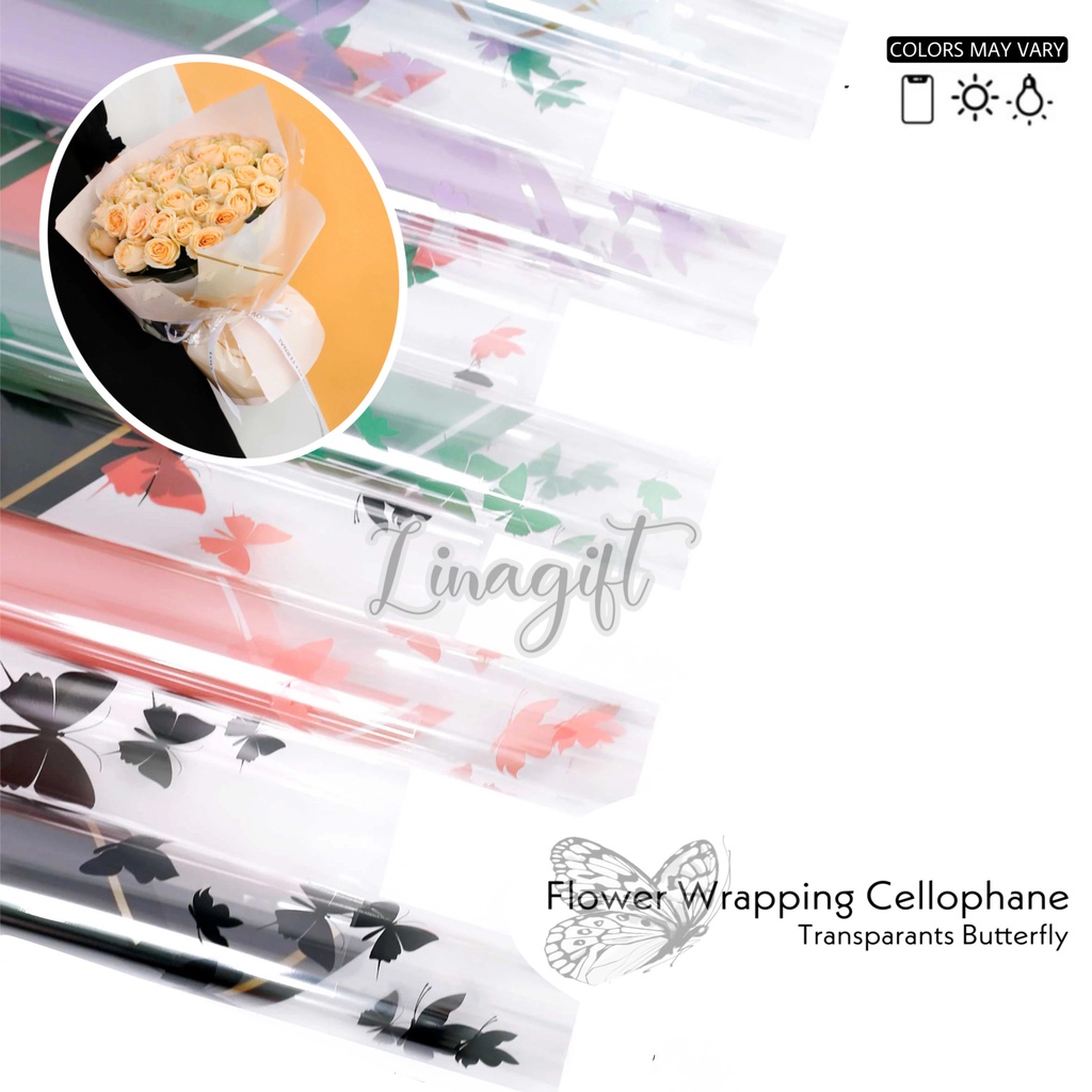 ( 5 Lembar ) TRANSPARANT BUTTERFLY - FLOWER WRAPPING PAPER TUNE COLOR KOREAN CELLOPHANE - KERTAS BUNGA PLASTIK BENING TEMBUS PANDANG KUPU KUPU CUTE LUCU / KARANGAN BUKET BOUQUET / FLORIST