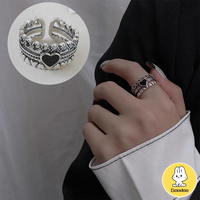 Korea Retro Hitam Cinta Paduan Cincin Pembukaan Kepribadian Wanita Fashion Aksesoris -Doo