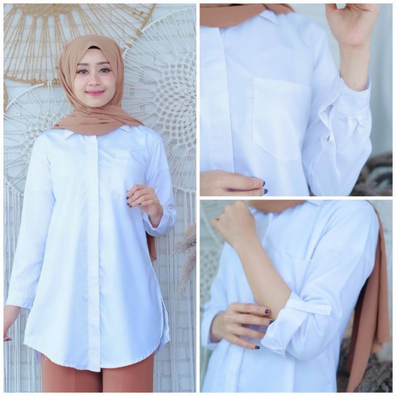 KEMEJAN WANITA PUTIH POLOS LENGAN PANJANG / TUNIK/KEMEJAN FULL KANCING / KEMEJAN TERLARIS