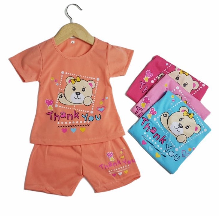 SETELAN ANAK SIKUNING PAKAIAN BAJU ANAK PEREMPUAN MOTIF THANK YOU BEAR CELANA PENDEK BAJU PENDEK