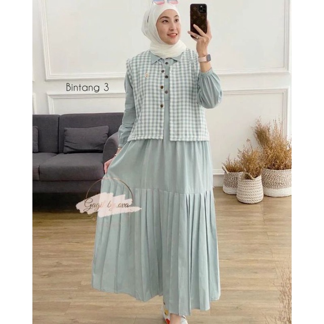 KIRANIA MIDI DRESS SET ROMPI OUTER/BINTANG 3 MIDI DRESS KANCING DEPAN BUSUI FRIENDLY/FASHION WANITA MIDI DRESS PREMIUM/FAR MOSLEMSTORE