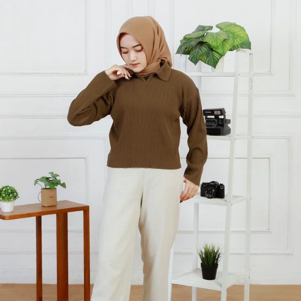 SWEATER CROP TOP RAJUT/ POLO KNIT CROP RAJUT/ATASAN CROP TOP RAJUT WANITA KERAH POLO