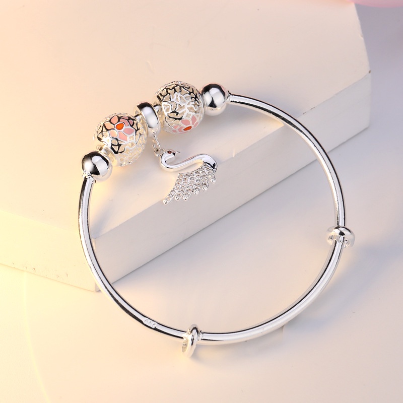 Gelang Bahan Sterling Silver S925 Desain Bunga Sakura Hati Angsa Aksen Mutiara Gaya Korea Untuk Wanita