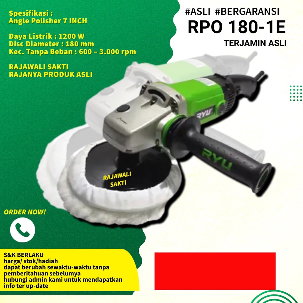 RYU angle polisher RPO180-1E / polisher 7" / mesin poles/ ryu tekiro 1200 watt
