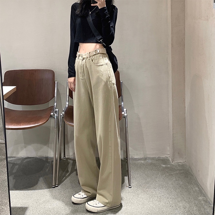 Celana Denim Wanita Jeans High Waist Korean Style Fashion Retro khaki Straight Pants Loose