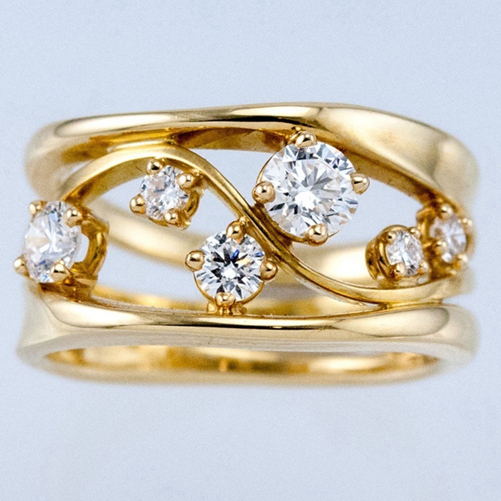 Hu Hu Hu Hu Hu Alat Bantu Pasang Kacamata♡ Cincin Bentuk Garis Gelombang Geometris Aksen Berlian Imitasi Warna Emas Untuk Wanita